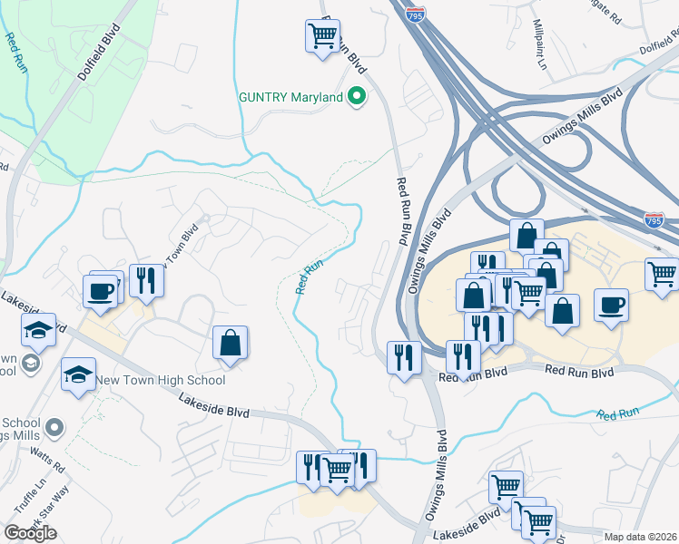 map of restaurants, bars, coffee shops, grocery stores, and more near 336 Paladium Court in Owings Mills