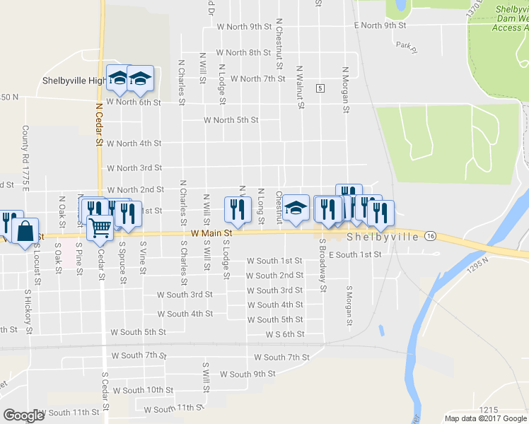 map of restaurants, bars, coffee shops, grocery stores, and more near 312 West North 1st Street in Shelbyville