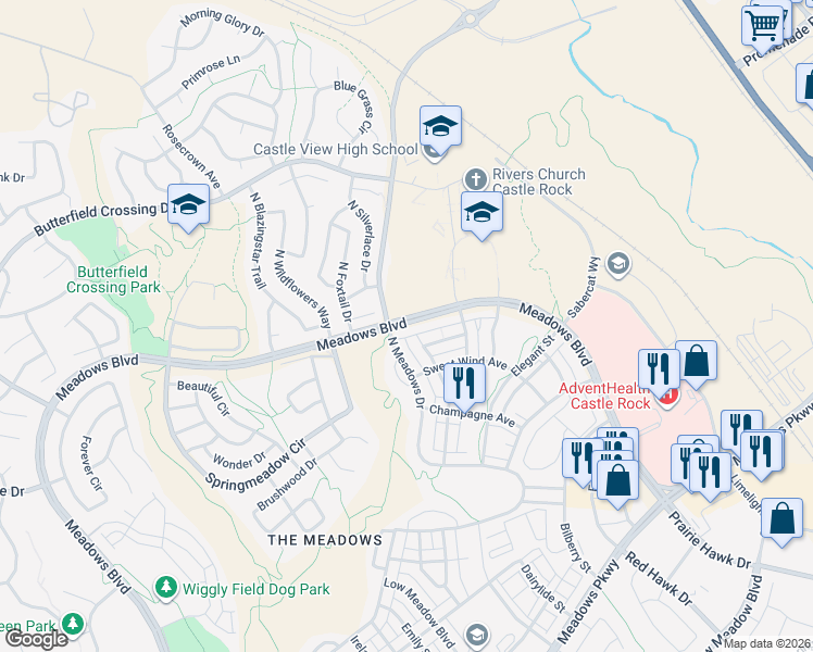map of restaurants, bars, coffee shops, grocery stores, and more near 2616 Meadows Boulevard in Castle Rock