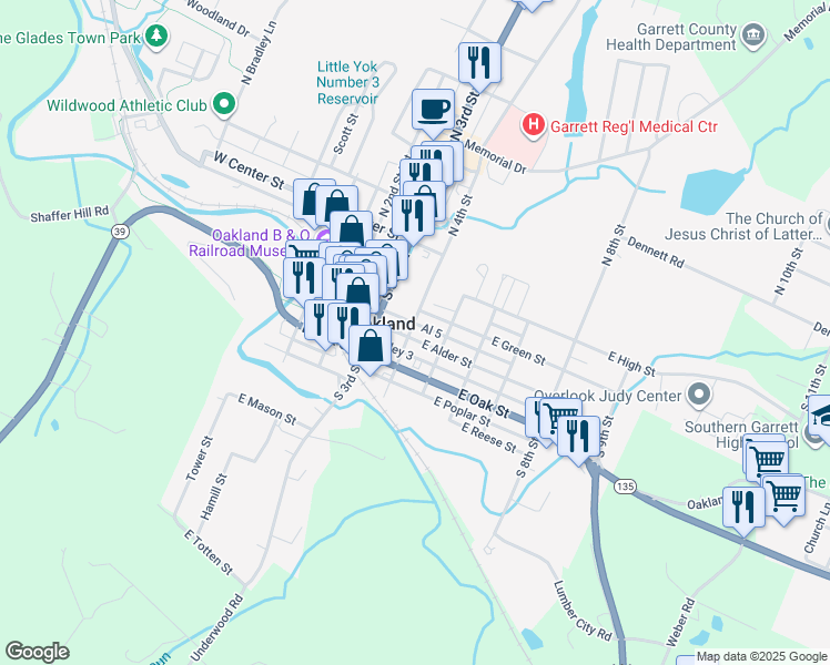 map of restaurants, bars, coffee shops, grocery stores, and more near 400 East Alder Street in Oakland