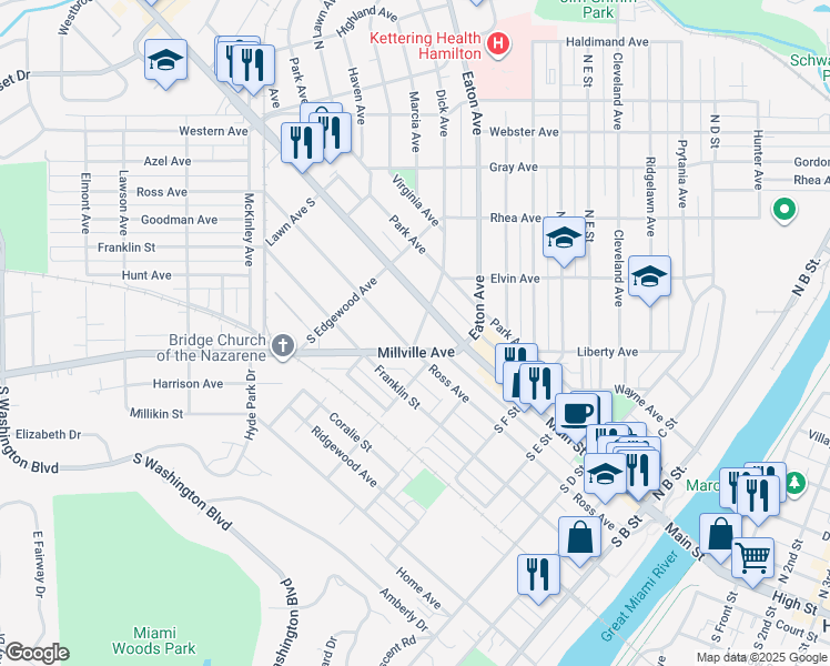 map of restaurants, bars, coffee shops, grocery stores, and more near 35 Dick Avenue South in Hamilton