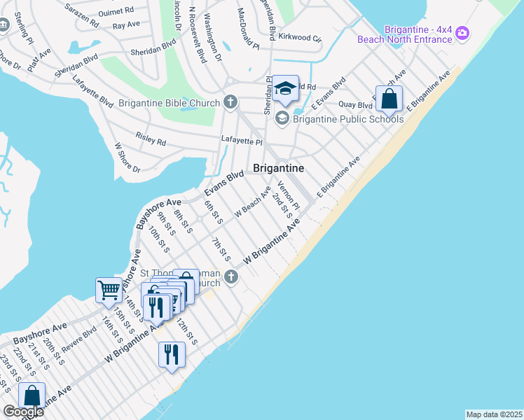 map of restaurants, bars, coffee shops, grocery stores, and more near 216 3rd Street South in Brigantine