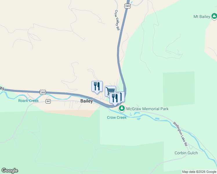 map of restaurants, bars, coffee shops, grocery stores, and more near 307 Virginia Road in Bailey