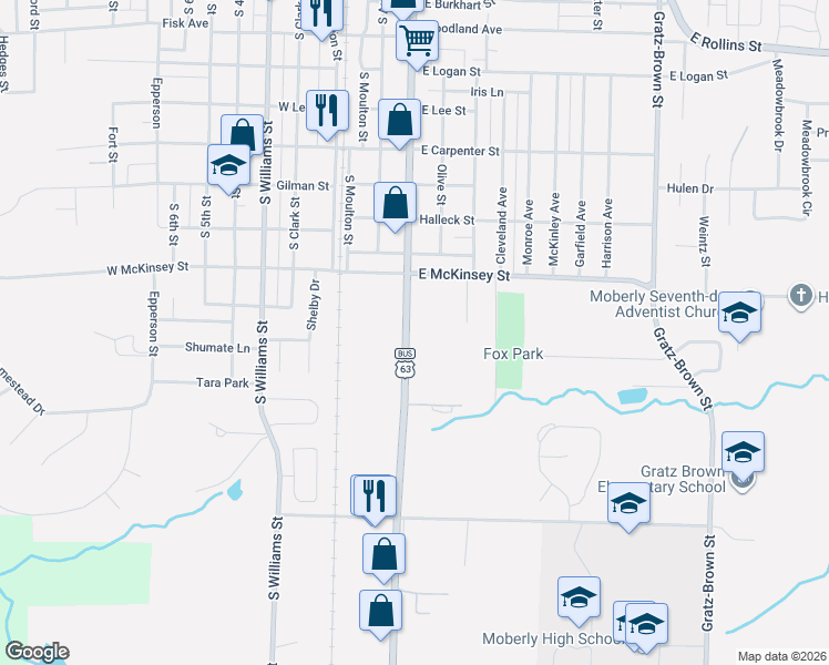 map of restaurants, bars, coffee shops, grocery stores, and more near 1100 South Morley Street in Moberly