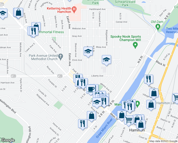 map of restaurants, bars, coffee shops, grocery stores, and more near 130 North F Street in Hamilton