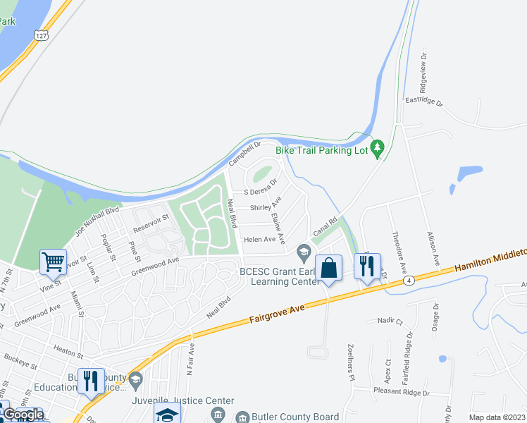 map of restaurants, bars, coffee shops, grocery stores, and more near 1723 Shirley Avenue in Hamilton