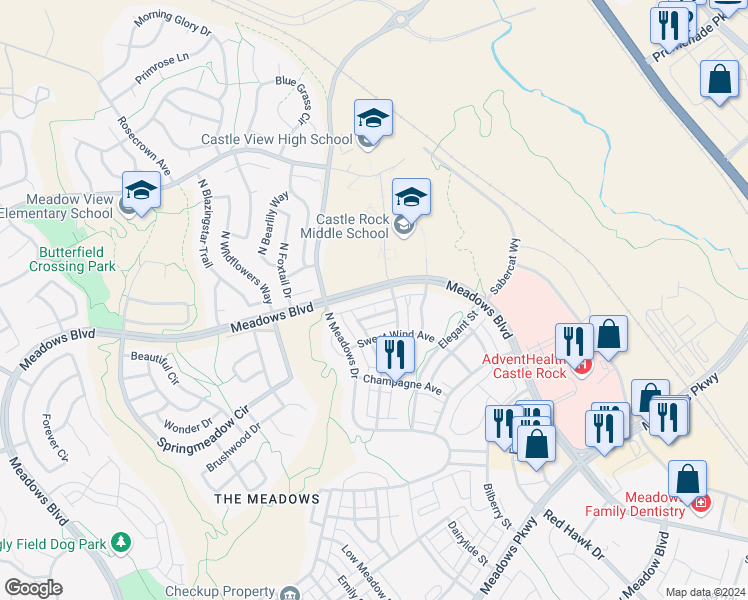 map of restaurants, bars, coffee shops, grocery stores, and more near 2602 Meadows Boulevard in Castle Rock