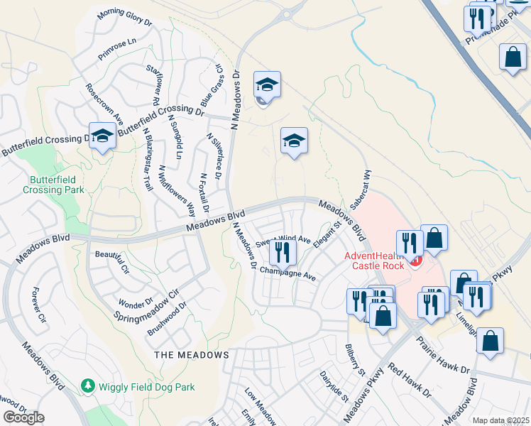 map of restaurants, bars, coffee shops, grocery stores, and more near 2602 Meadows Boulevard in Castle Rock