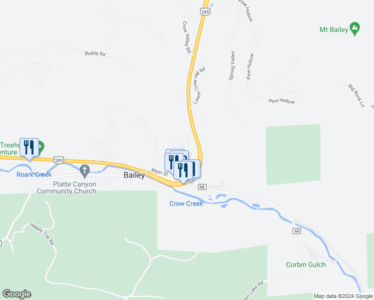 map of restaurants, bars, coffee shops, grocery stores, and more near 204 Virginia Road in Bailey