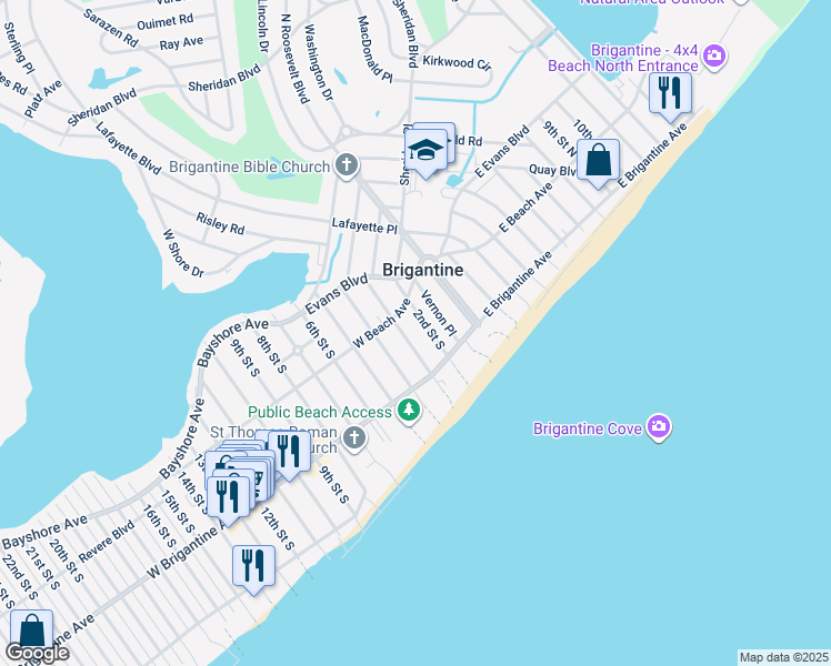 map of restaurants, bars, coffee shops, grocery stores, and more near 201 3rd Street South in Brigantine