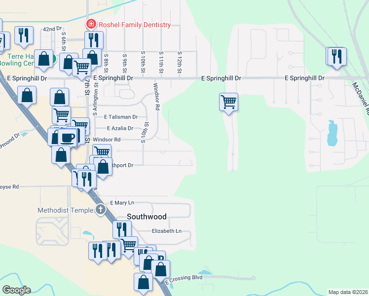 map of restaurants, bars, coffee shops, grocery stores, and more near 4860 Pine Ridge Court in Terre Haute