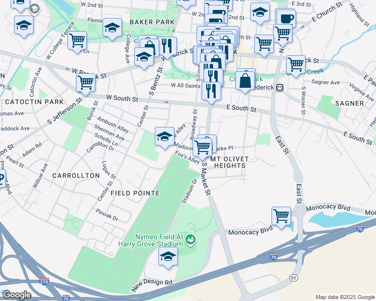 map of restaurants, bars, coffee shops, grocery stores, and more near 401 Broadway Street in Frederick