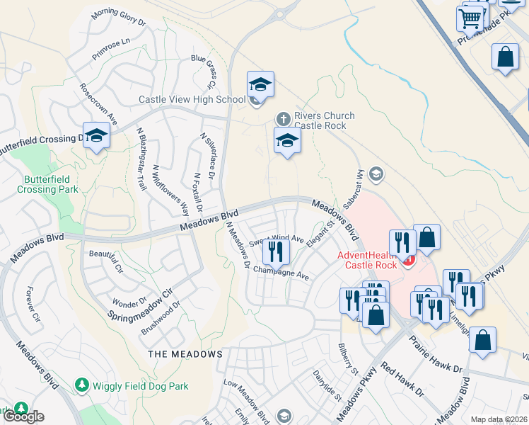 map of restaurants, bars, coffee shops, grocery stores, and more near 2602 Meadows Boulevard in Castle Rock