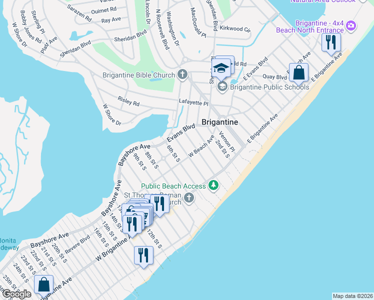 map of restaurants, bars, coffee shops, grocery stores, and more near 307 West Beach Avenue in Brigantine