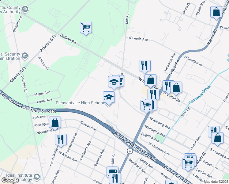 map of restaurants, bars, coffee shops, grocery stores, and more near 801 Mill Road in Pleasantville
