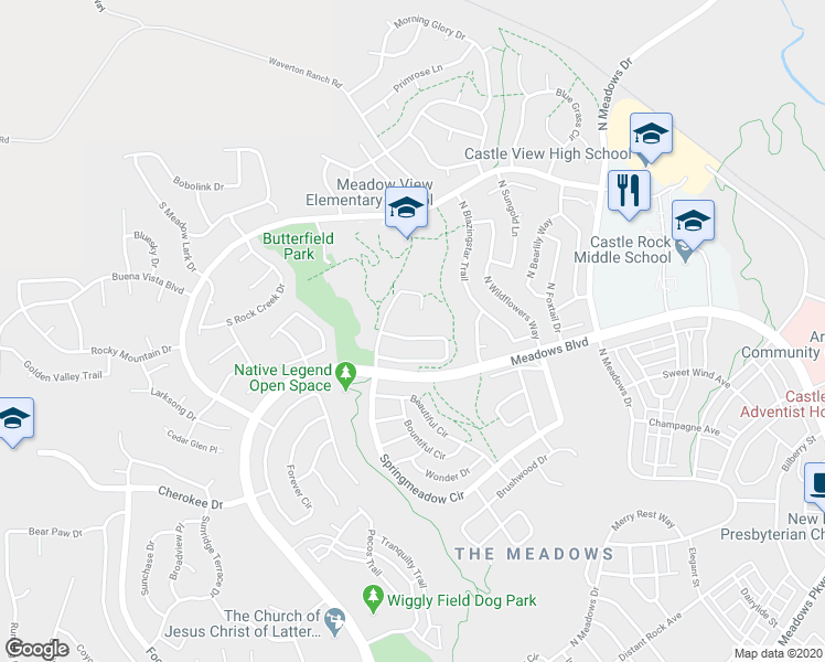 map of restaurants, bars, coffee shops, grocery stores, and more near 4550 Addenbrooke Loop in Castle Rock