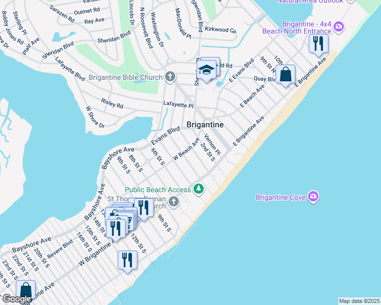 map of restaurants, bars, coffee shops, grocery stores, and more near 201 3rd Street South in Brigantine