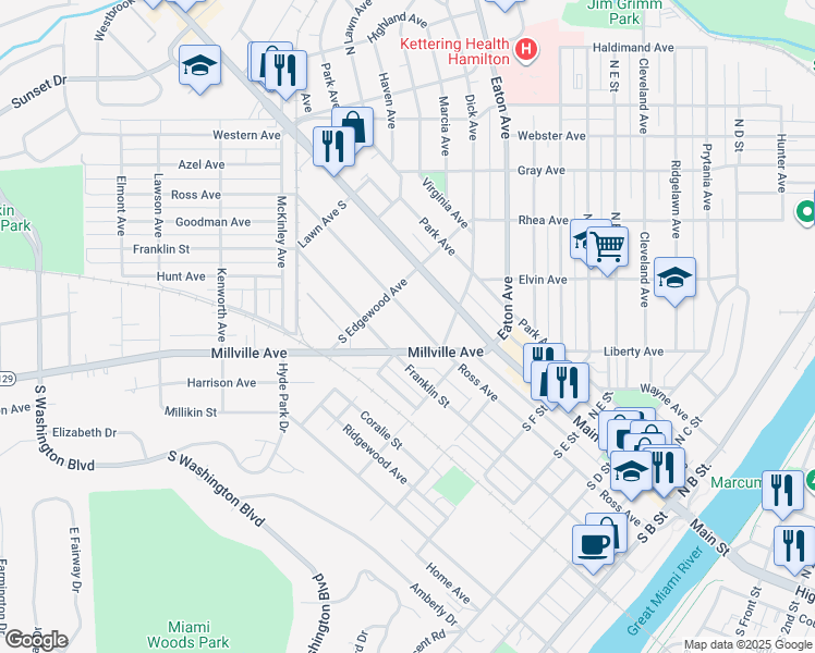 map of restaurants, bars, coffee shops, grocery stores, and more near 723 Ross Avenue in Hamilton