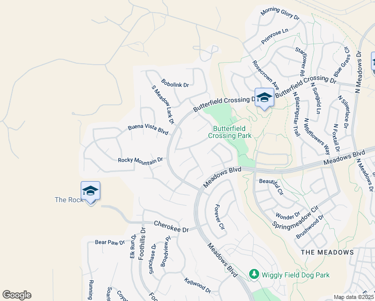 map of restaurants, bars, coffee shops, grocery stores, and more near 5970 South Rock Creek Drive in Castle Rock
