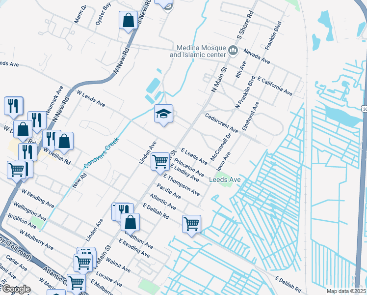 map of restaurants, bars, coffee shops, grocery stores, and more near 1100 North Main Street in Pleasantville