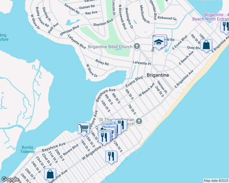 map of restaurants, bars, coffee shops, grocery stores, and more near 717 Bayshore Avenue in Brigantine