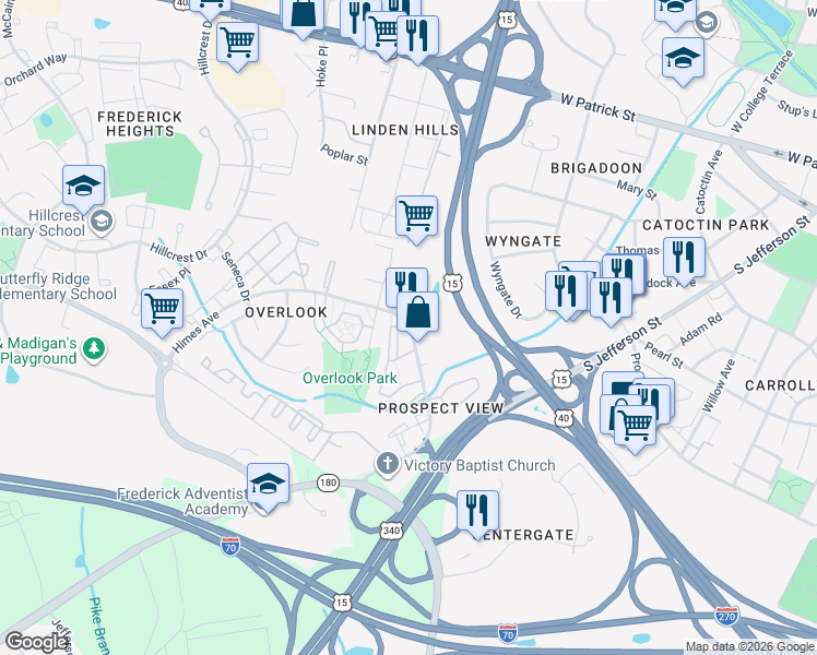 map of restaurants, bars, coffee shops, grocery stores, and more near 613 Himes Avenue in Frederick