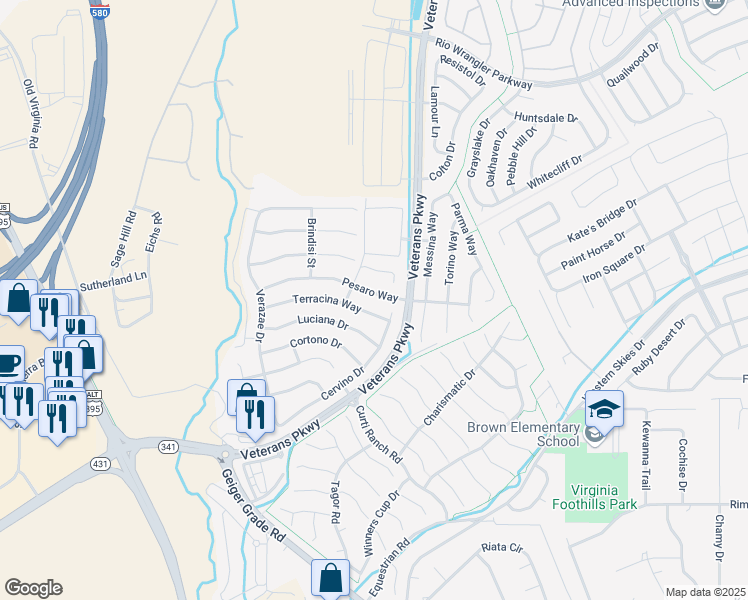 map of restaurants, bars, coffee shops, grocery stores, and more near 540 Pesaro Way in Reno