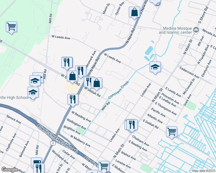 map of restaurants, bars, coffee shops, grocery stores, and more near 417 Sassafras Run in Pleasantville