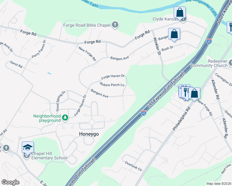 map of restaurants, bars, coffee shops, grocery stores, and more near 37 Bangert Avenue in Perry Hall