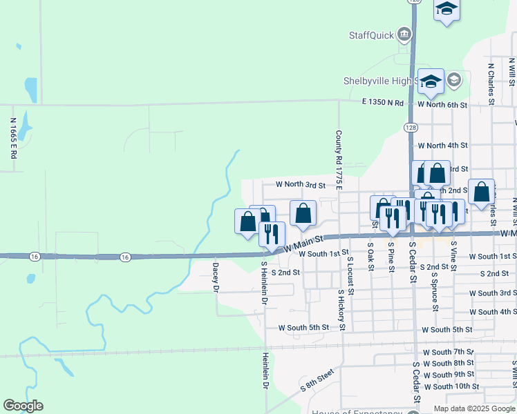 map of restaurants, bars, coffee shops, grocery stores, and more near 211 Meadow View Court in Shelbyville