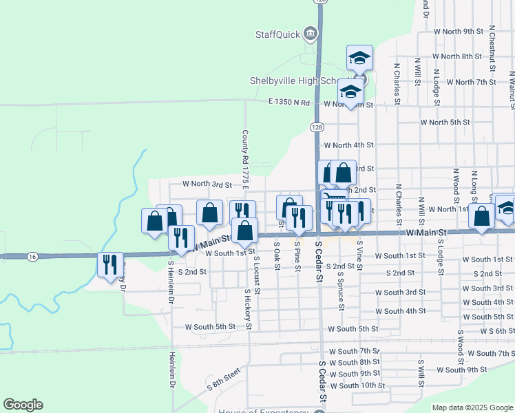 map of restaurants, bars, coffee shops, grocery stores, and more near 200-298 North Locust Street in Shelbyville