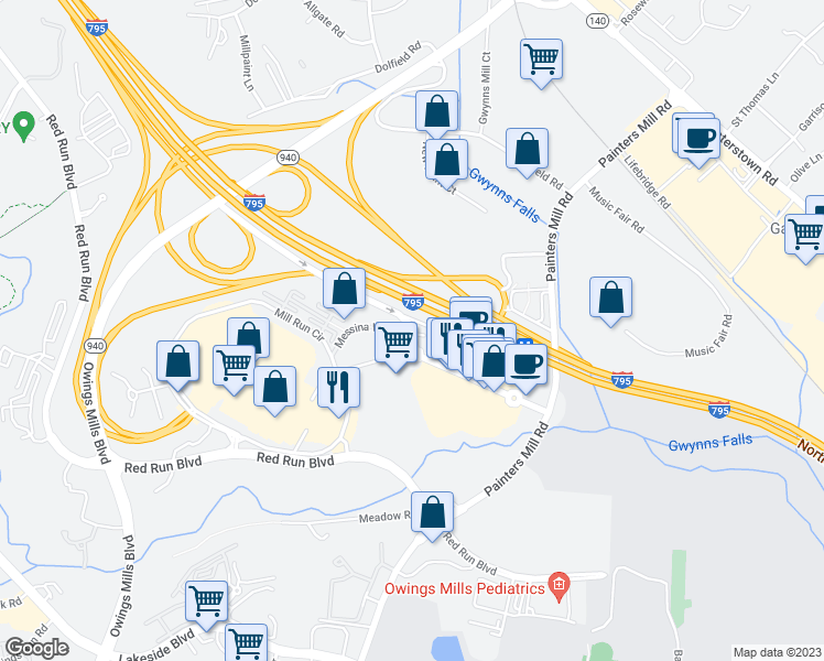 map of restaurants, bars, coffee shops, grocery stores, and more near Waverly Lane in Owings Mills