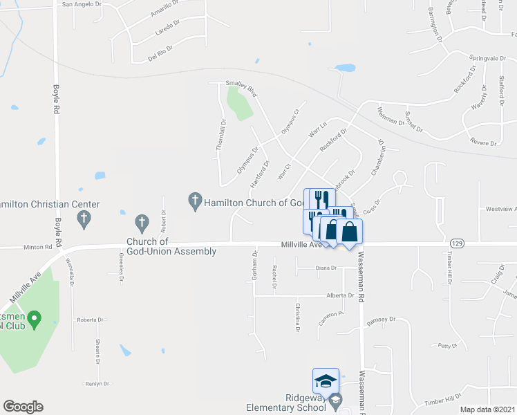 map of restaurants, bars, coffee shops, grocery stores, and more near 686 Rockford Drive in Hamilton