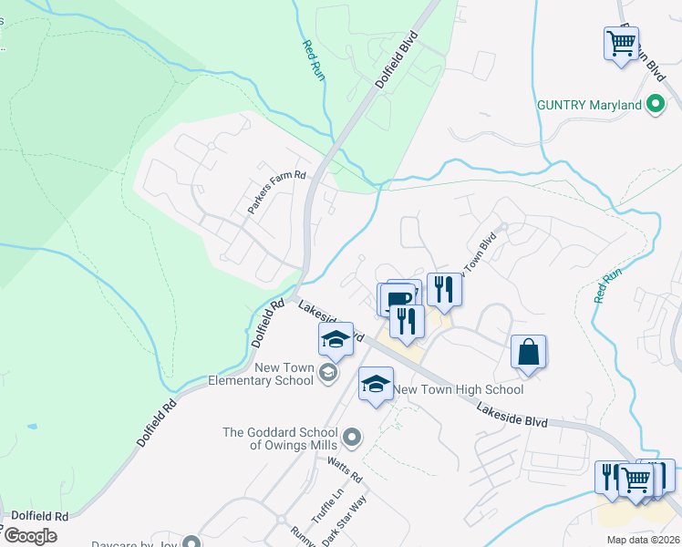 map of restaurants, bars, coffee shops, grocery stores, and more near 5227 Wagon Shed Circle in Owings Mills