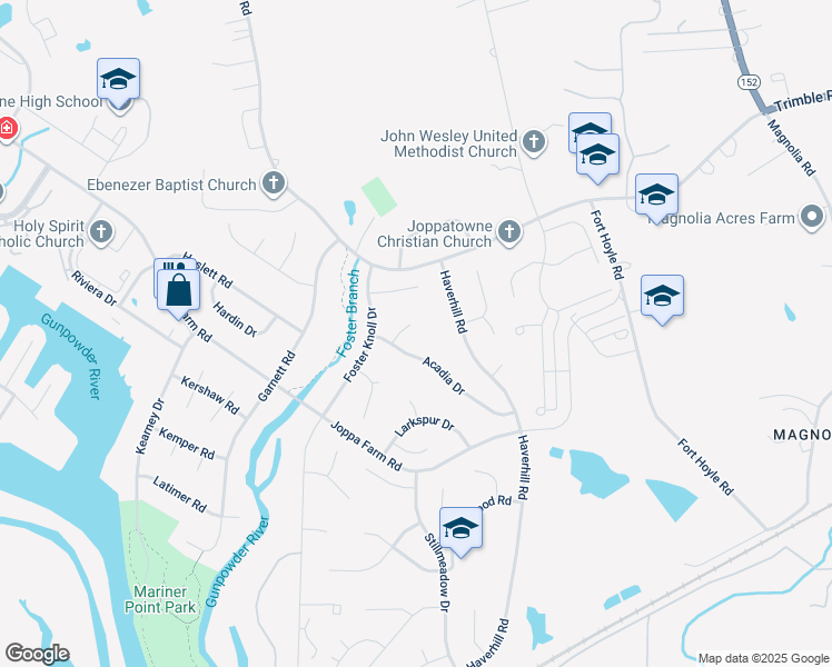 map of restaurants, bars, coffee shops, grocery stores, and more near 505 Wycliff Court in Joppa