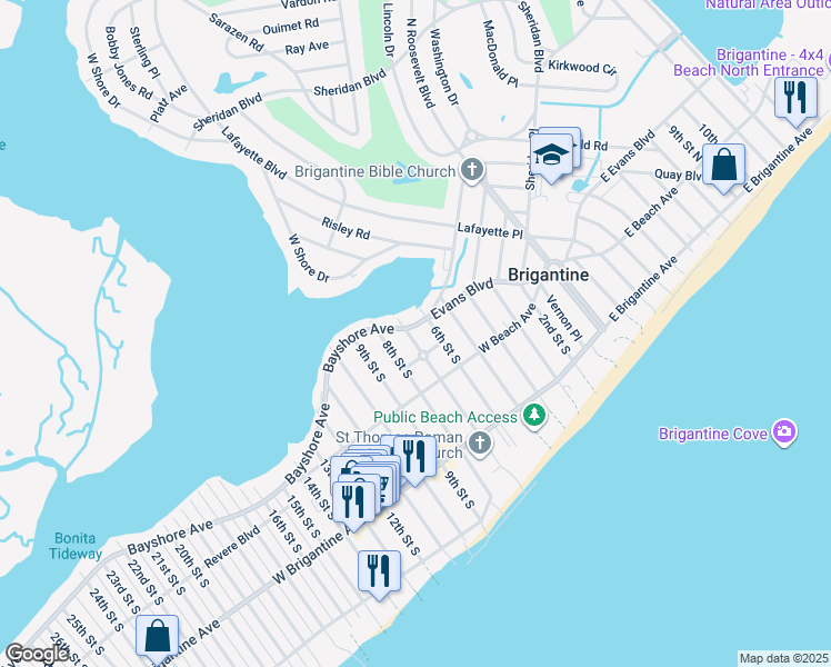 map of restaurants, bars, coffee shops, grocery stores, and more near 598 Bayshore Avenue in Brigantine