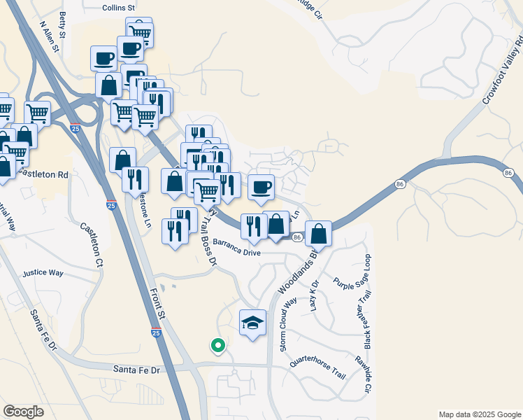 map of restaurants, bars, coffee shops, grocery stores, and more near 5010 Founders Parkway in Castle Rock