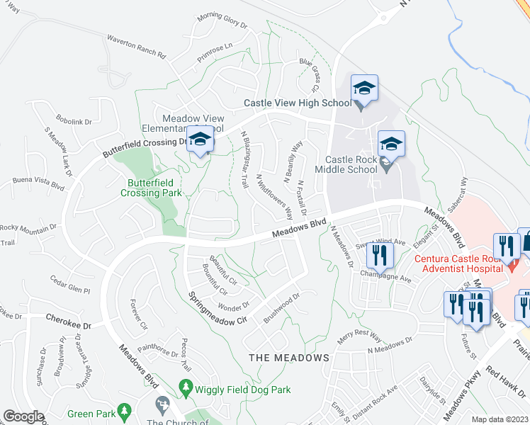 map of restaurants, bars, coffee shops, grocery stores, and more near 4601 North Blazingstar Trail in Castle Rock
