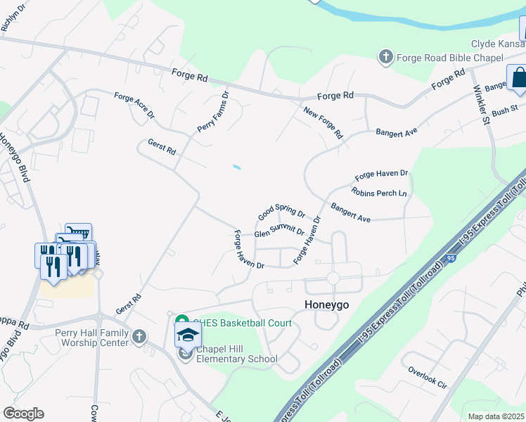 map of restaurants, bars, coffee shops, grocery stores, and more near 9510 Good Spring Drive in Perry Hall