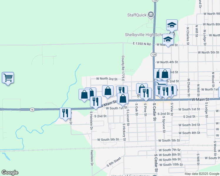 map of restaurants, bars, coffee shops, grocery stores, and more near 227 Fern Street in Shelbyville