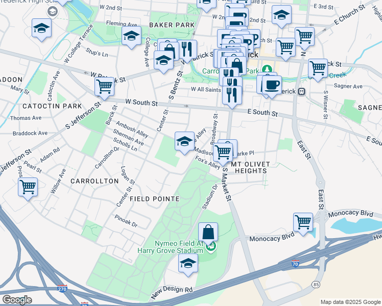 map of restaurants, bars, coffee shops, grocery stores, and more near 200 Madison Street in Frederick