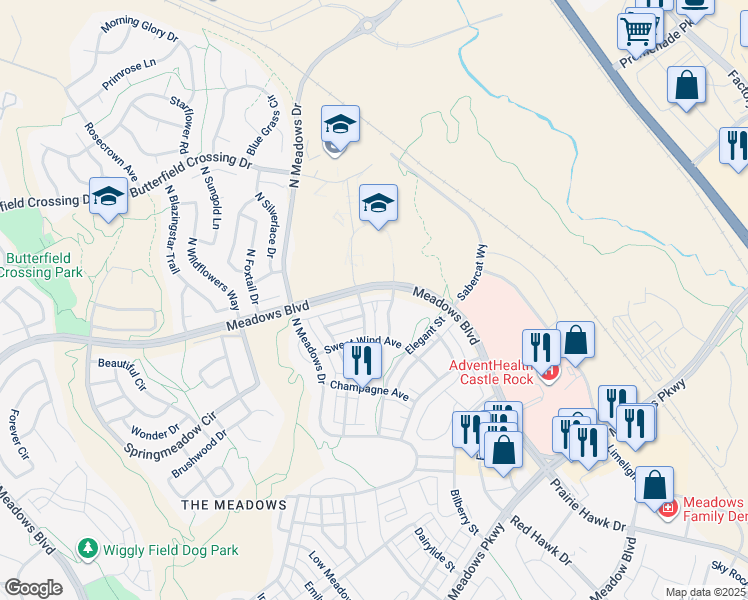 map of restaurants, bars, coffee shops, grocery stores, and more near 2586 Meadows Boulevard in Castle Rock