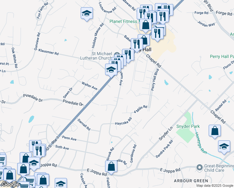 map of restaurants, bars, coffee shops, grocery stores, and more near 9514 Horn Avenue in Nottingham