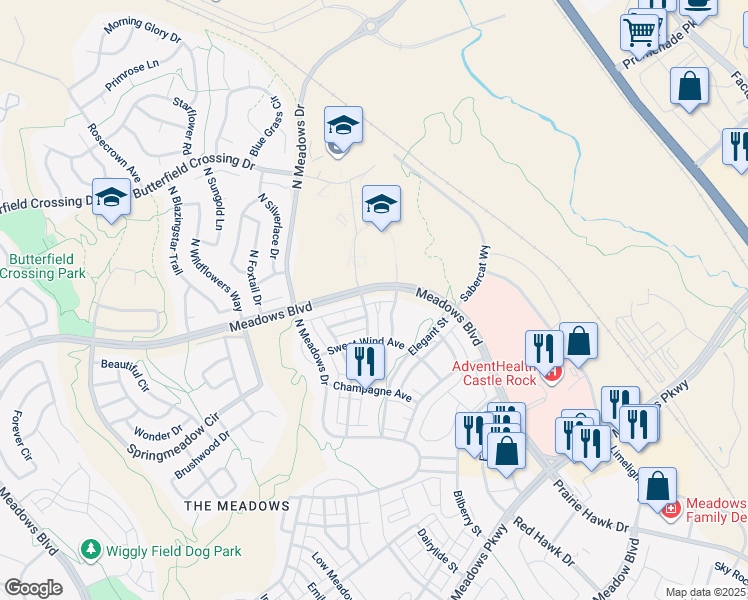 map of restaurants, bars, coffee shops, grocery stores, and more near 2586 Meadows Boulevard in Castle Rock