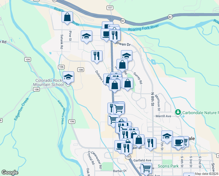 map of restaurants, bars, coffee shops, grocery stores, and more near 525 Colorado 133 in Carbondale