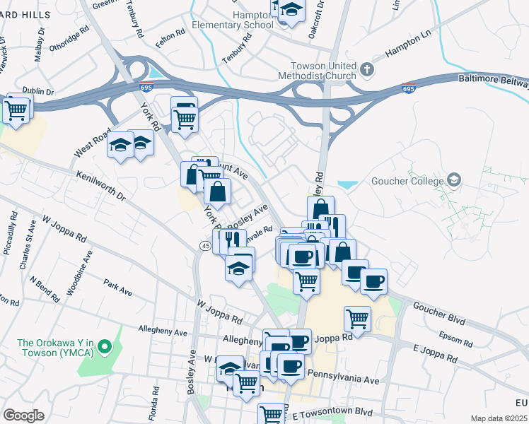 map of restaurants, bars, coffee shops, grocery stores, and more near 863 Bosley Avenue in Towson
