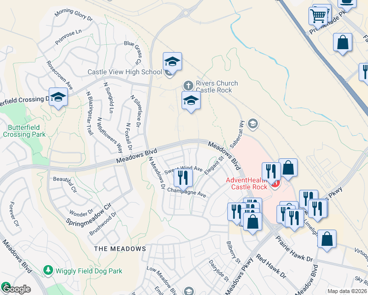 map of restaurants, bars, coffee shops, grocery stores, and more near 2586 Meadows Boulevard in Castle Rock