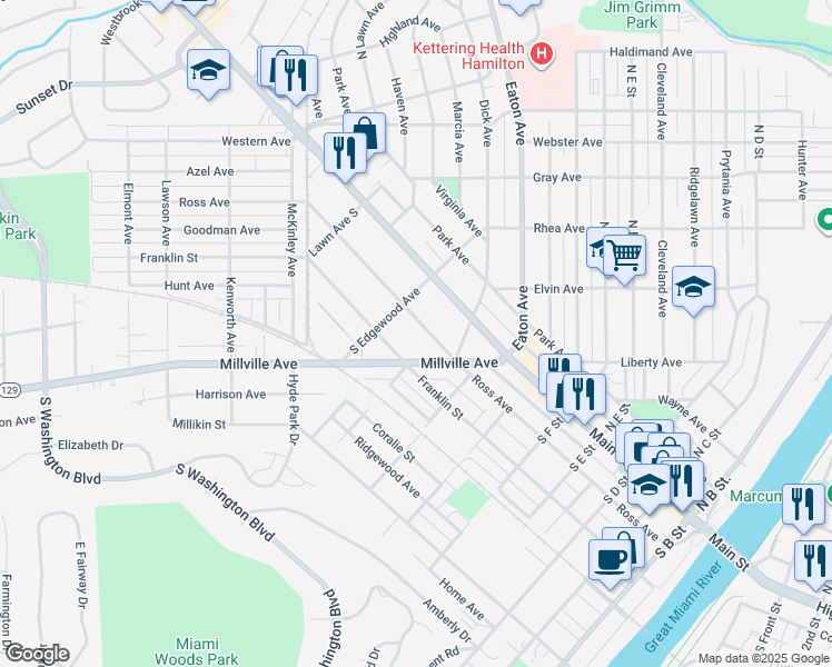 map of restaurants, bars, coffee shops, grocery stores, and more near 723 Ross Ave in Hamilton