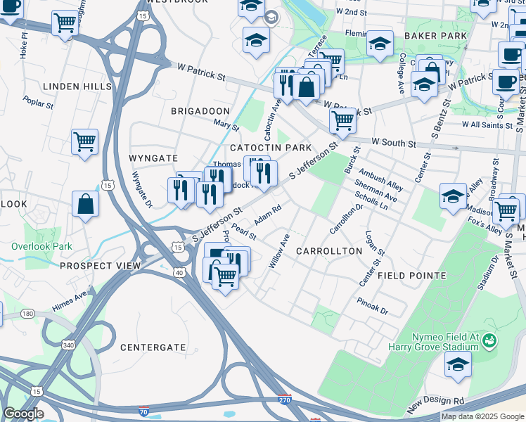 map of restaurants, bars, coffee shops, grocery stores, and more near 317 Adam Road in Frederick