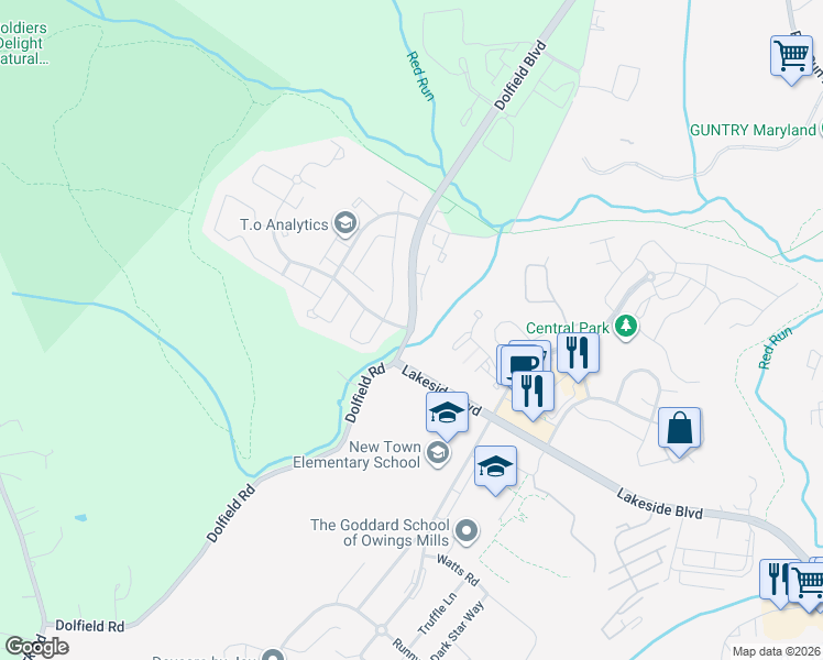 map of restaurants, bars, coffee shops, grocery stores, and more near 9615 Dolfield Boulevard in Owings Mills
